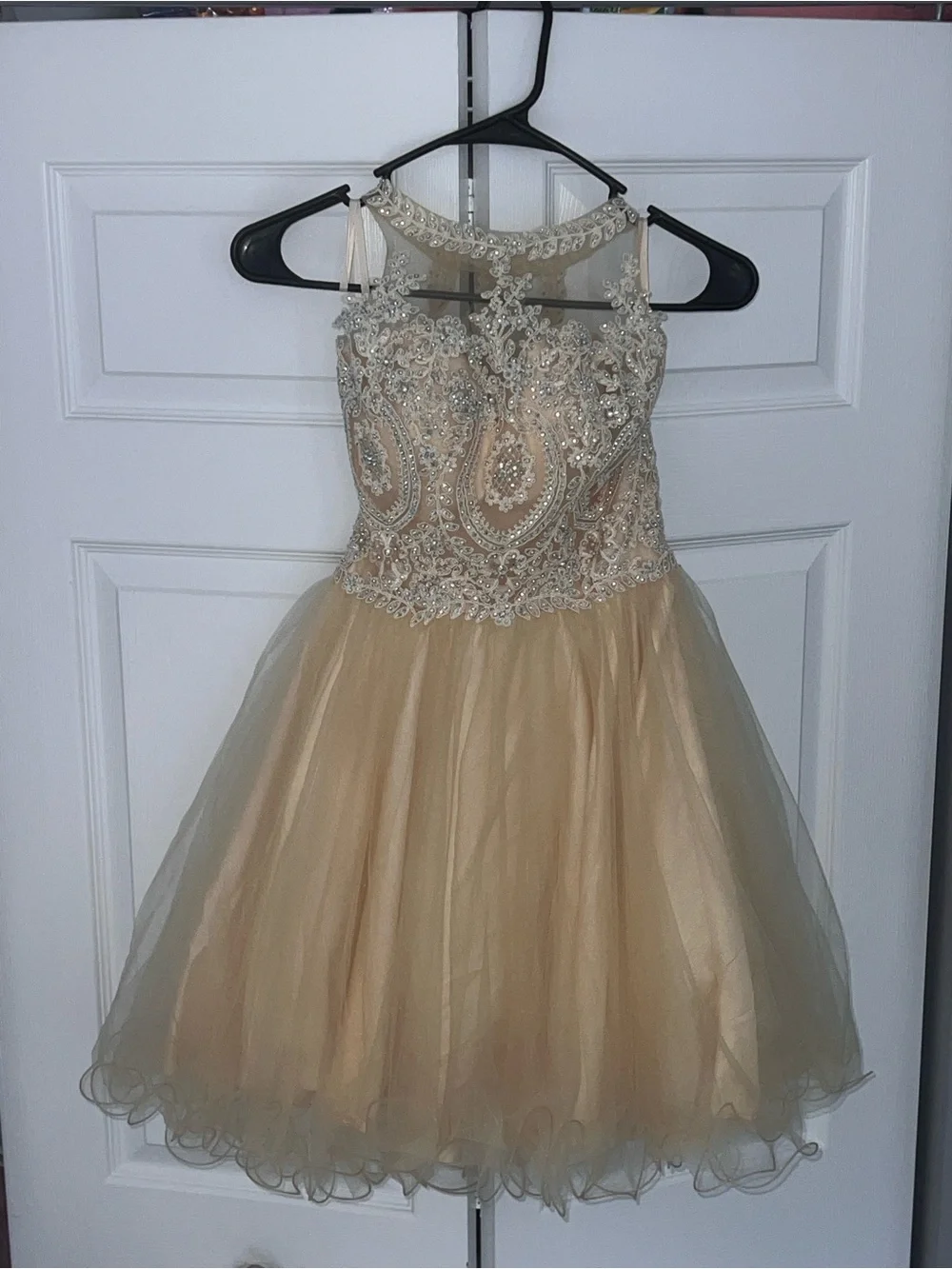 Fiesta Beaded Champagne/ Gold Homecoming & Holiday Party Dress | Juniors XS